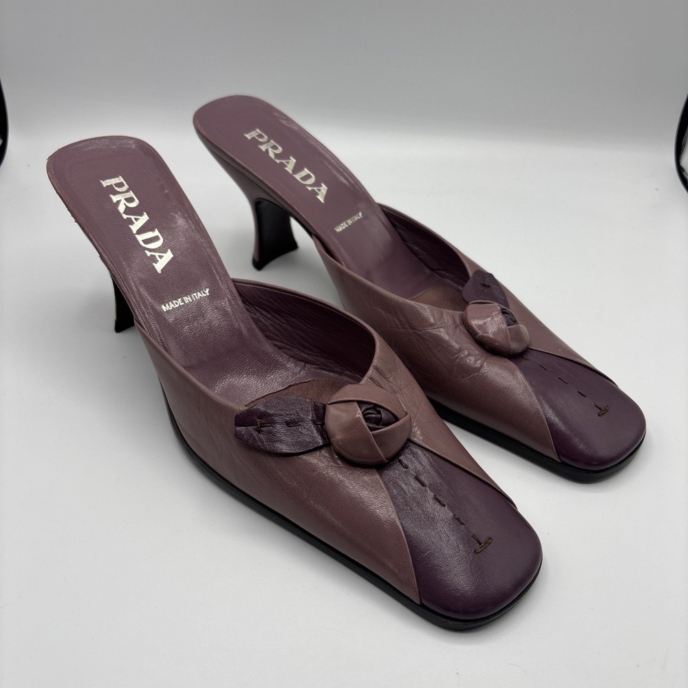 Prada Vintage Mauve Purple Two Tone Rose Square Toe Mule Block Heels Sz 41